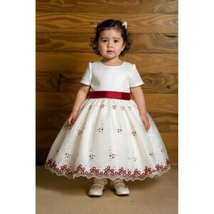 Cinderella Dress Girls 18M White Red Sash Floral Embroidered satin Party Dress